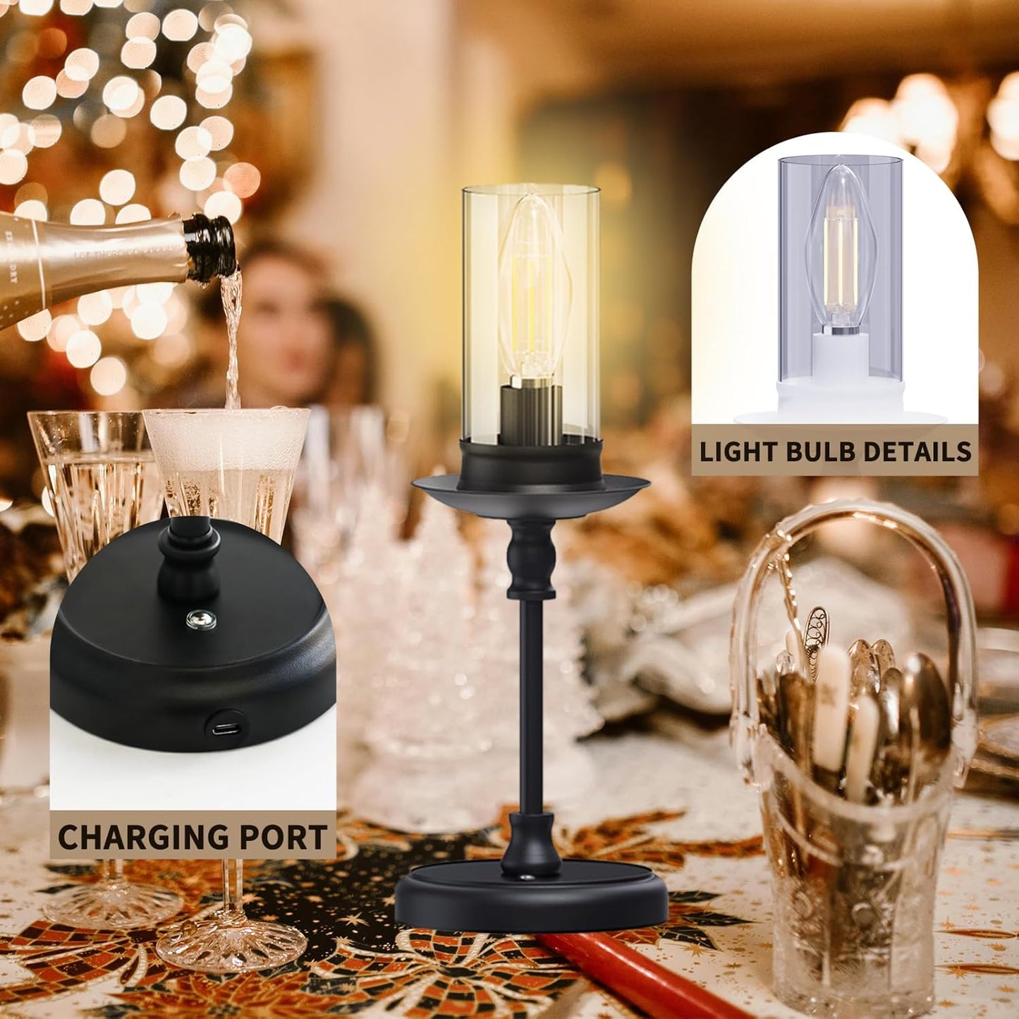 Vintage Cordless LED Candle Table Lamp Rechargeable Battery Powered Lamp, Touch Control, Metal Finish, Suitable for Bedroom, Dining Room, Wedding, Thanksgiving, Christmas, Wedding, Party, Birthday