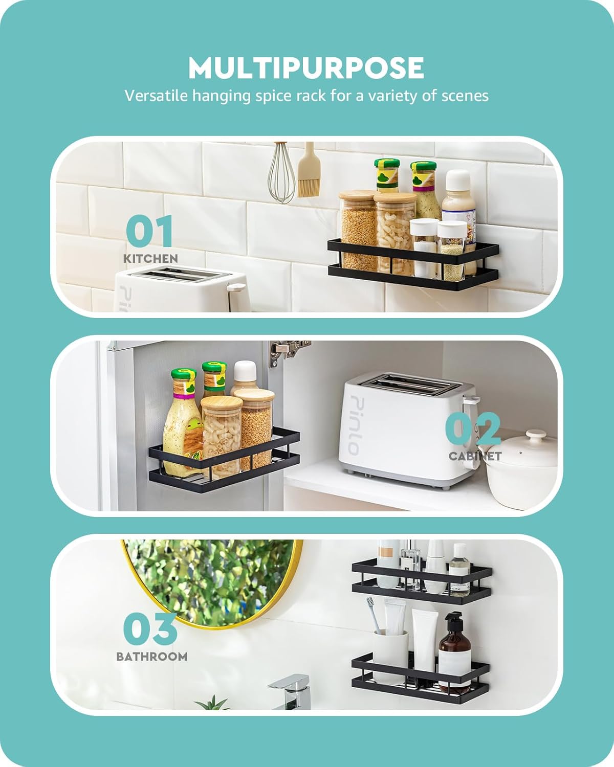 Metal Spice Rack Wall Mount Floating Shelves 2 Pack Black Storage organizer for Cabinet Door Pantry Kitchen Bathroom Supplies (13.7inches length)