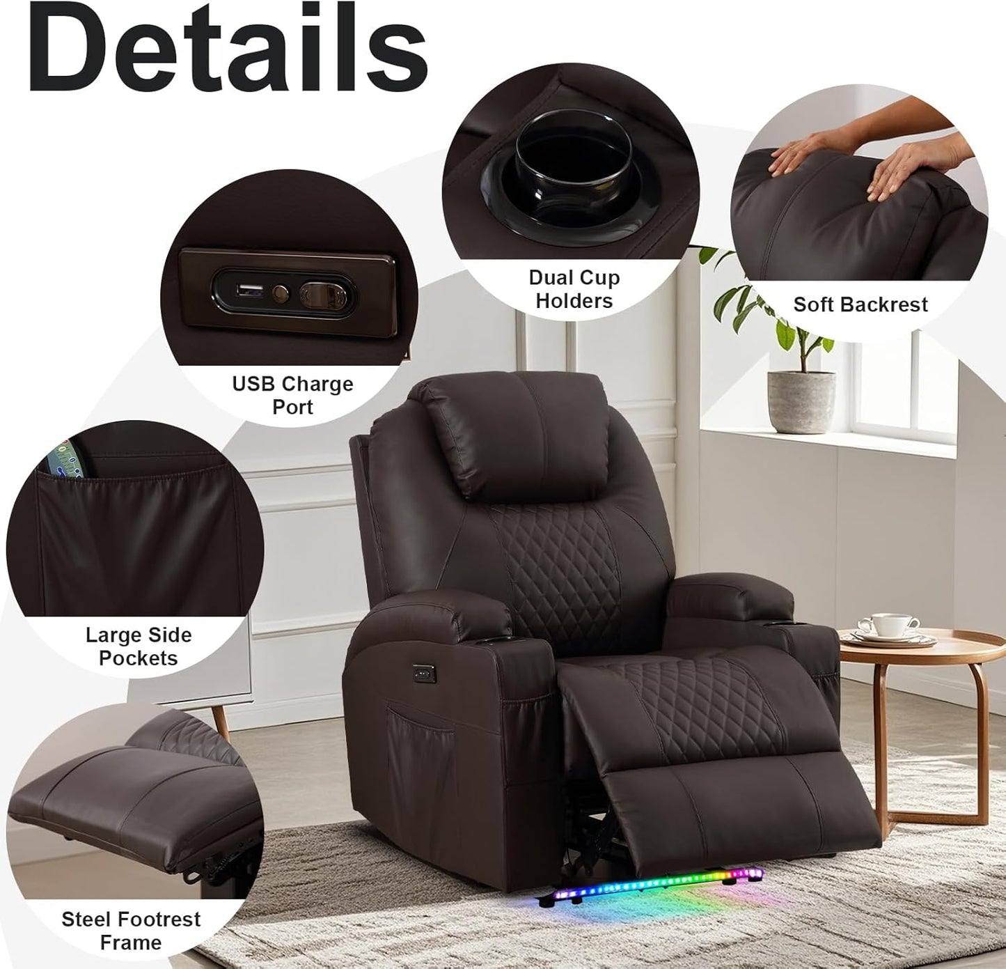 AHMED Power Recliner Chair with Vibration Massage & Heat for Adults, Faux Leather Home Theater Seating with Cup Holders/LED Lights/USB Ports/Side Pockets for Living Room, Brown