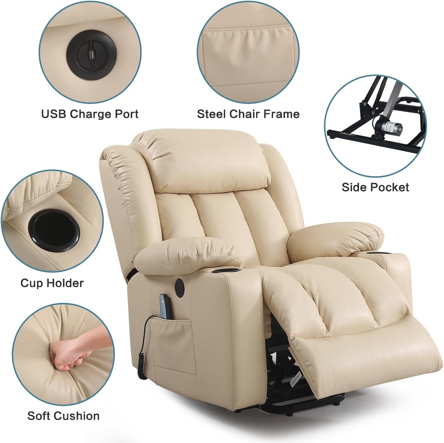 PARKOL Power Lift Recliner Chair for Elderly Breathable Leather Recliner Chair with Massage and Heat,2 Cup Holders,Electric Stand Assist,USB Ports,Gifts for Family (Grey)