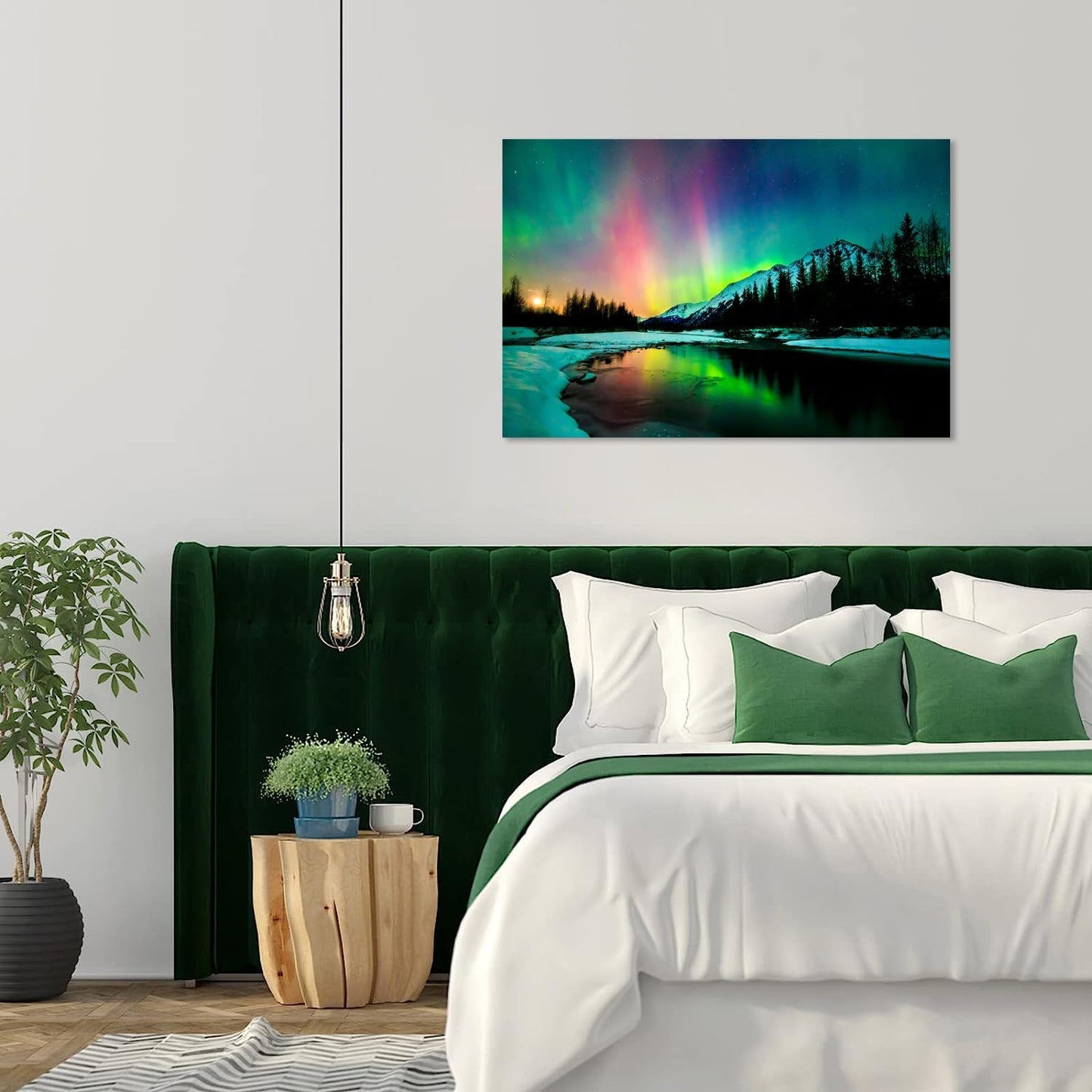Aurora Borealis Canvas Wall Art Northern Lights Canvas Print Painting for Living Room Snowy-Mountains-Landscape Poster Picture Wooden Framed Prints Ready to Hang (24.00"x36.00")