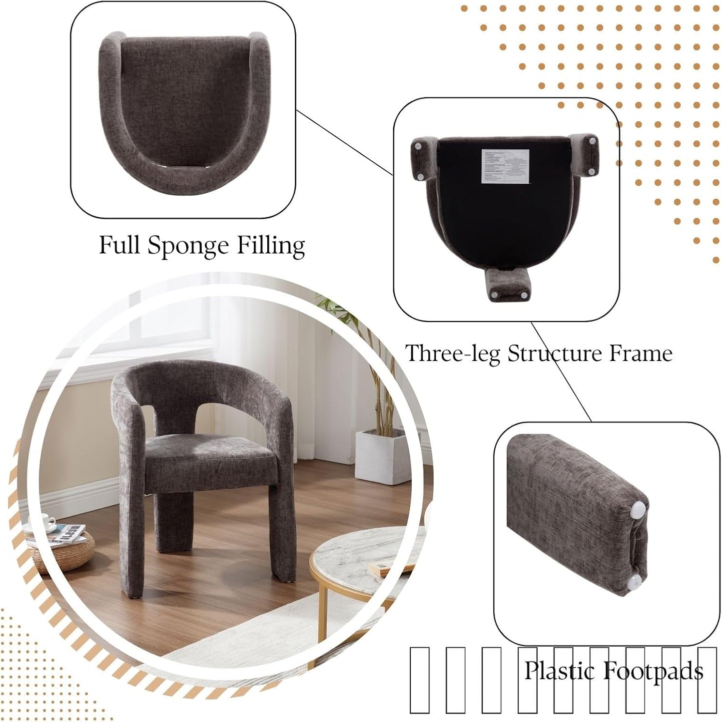 Charcoal Grey Chenille Dining Chairs Set of 6, Modern Barrel Dining Room Chairs Upholstered Accent Chair with Arms and Round Back for Living Room Kitchen Armchair No Assembly Needed