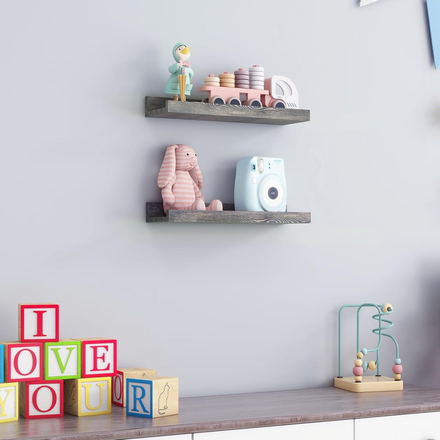 Picture Ledge Wall Shelves 16 inch Width Set of 2, Solid Pine Wood Rustic Floating Ledge Shelves for Wall for Kids' Room Bedroom Kitchen Bathroom Living Room Nursery Display Wall Decor, Grey