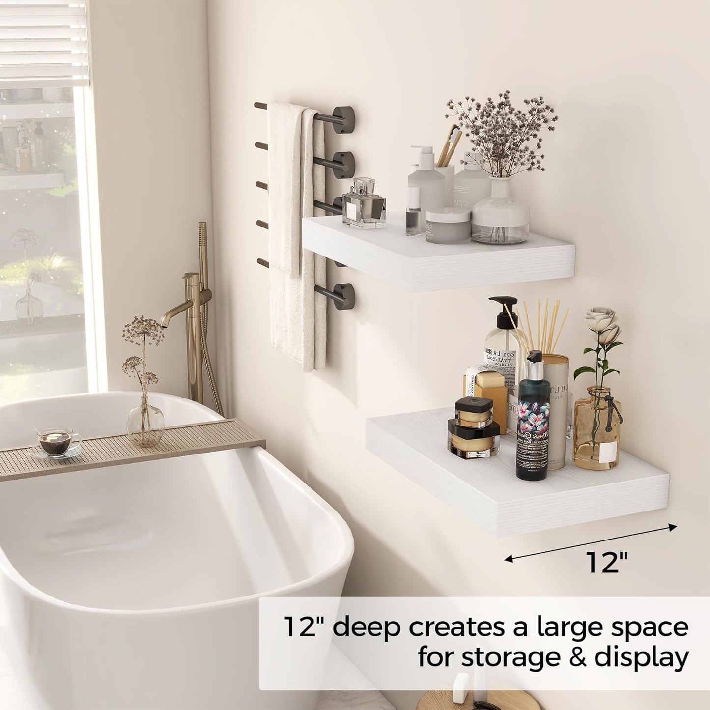 12 Inch Deep White Floating Shelves, 16 x 12 Floating Shelf for Books, Rustic Wood Deep Wall Shelves for Home Storage & Display, 2" Thicked Shelves for Kitchen, Living Room, Bedroom, 2 Pack