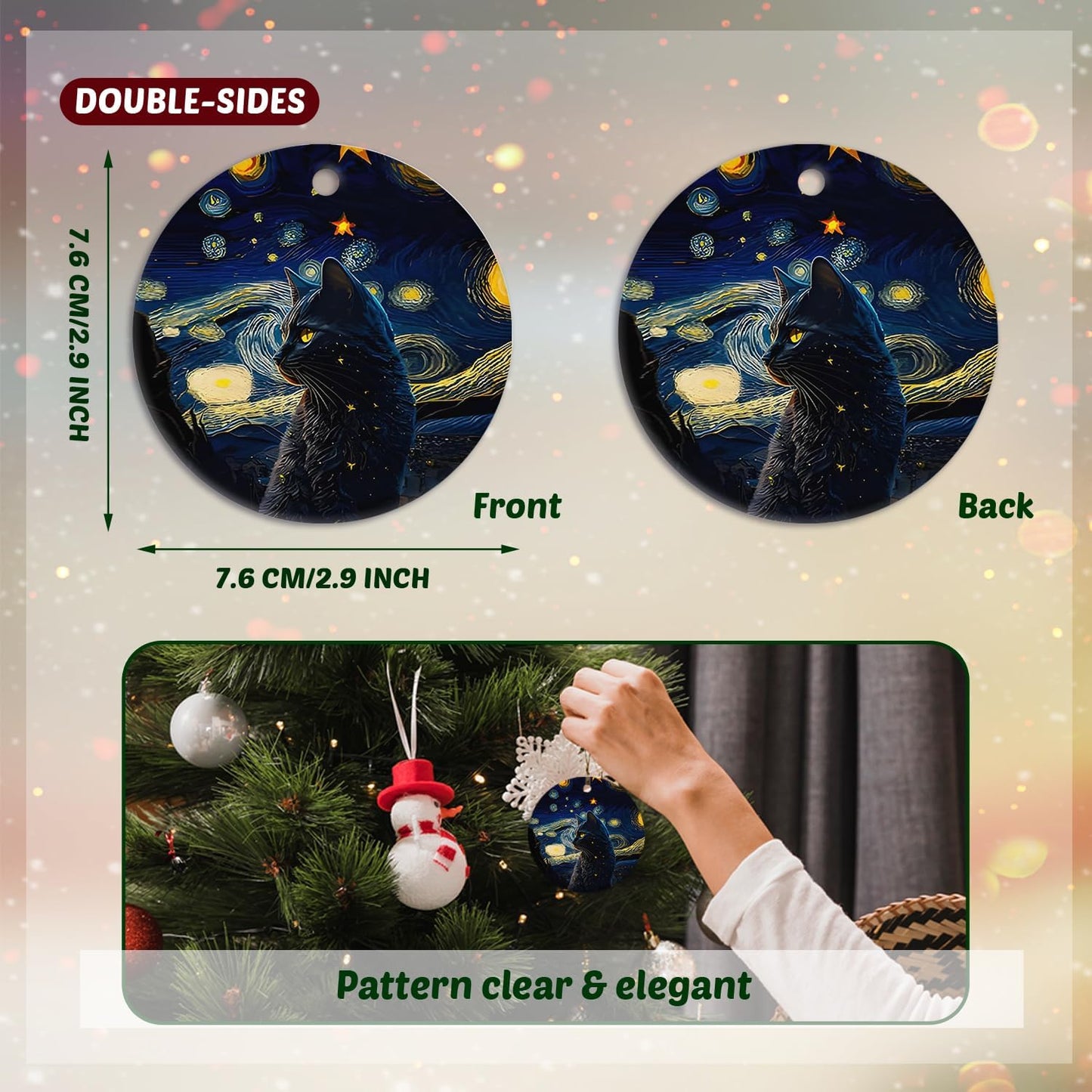 Black Cat Christmas Ornaments,Christmas Cat Gifts for Cats Mom Women,Starry Night Ceramic Hanging Ornaments