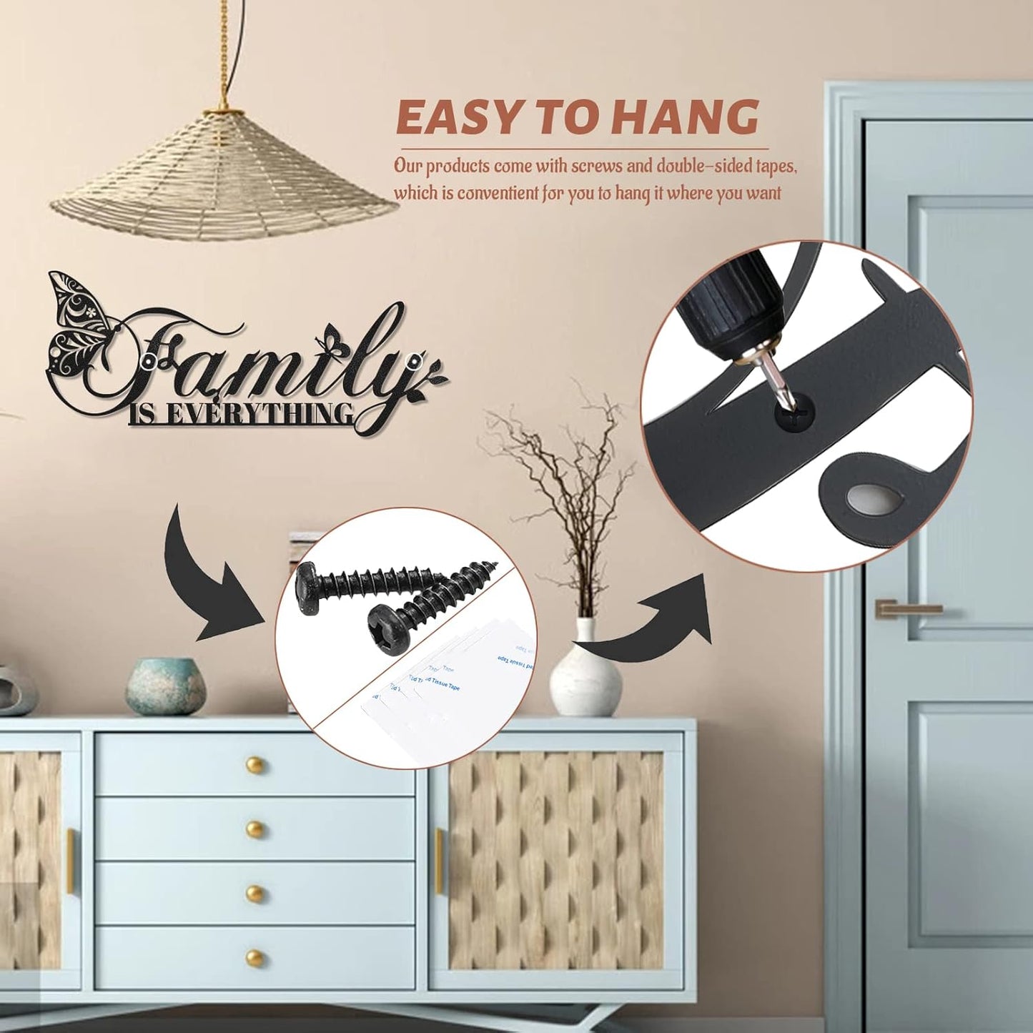 Family Signs Metal Wall Decor, Oppro Family Is Everything Word Sign with Butterfly for Home Decor, Black Art Plaque Letters for Living Room, Dining Room Bedroom Housewarming Mother's Day Father's Day Gift , 17”x6.3”