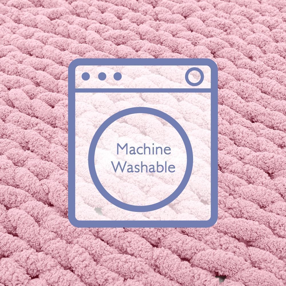 Bigacogo Chunky Knit Throw Blanket for Couch, 51x63 inches, 100% Hand Knitted with Thick Jumbo Chenille Yarn, Cozy Soft Large Rope Knot Cable Crochet Blankets for Sofa Bed Living Room, Blush Pink