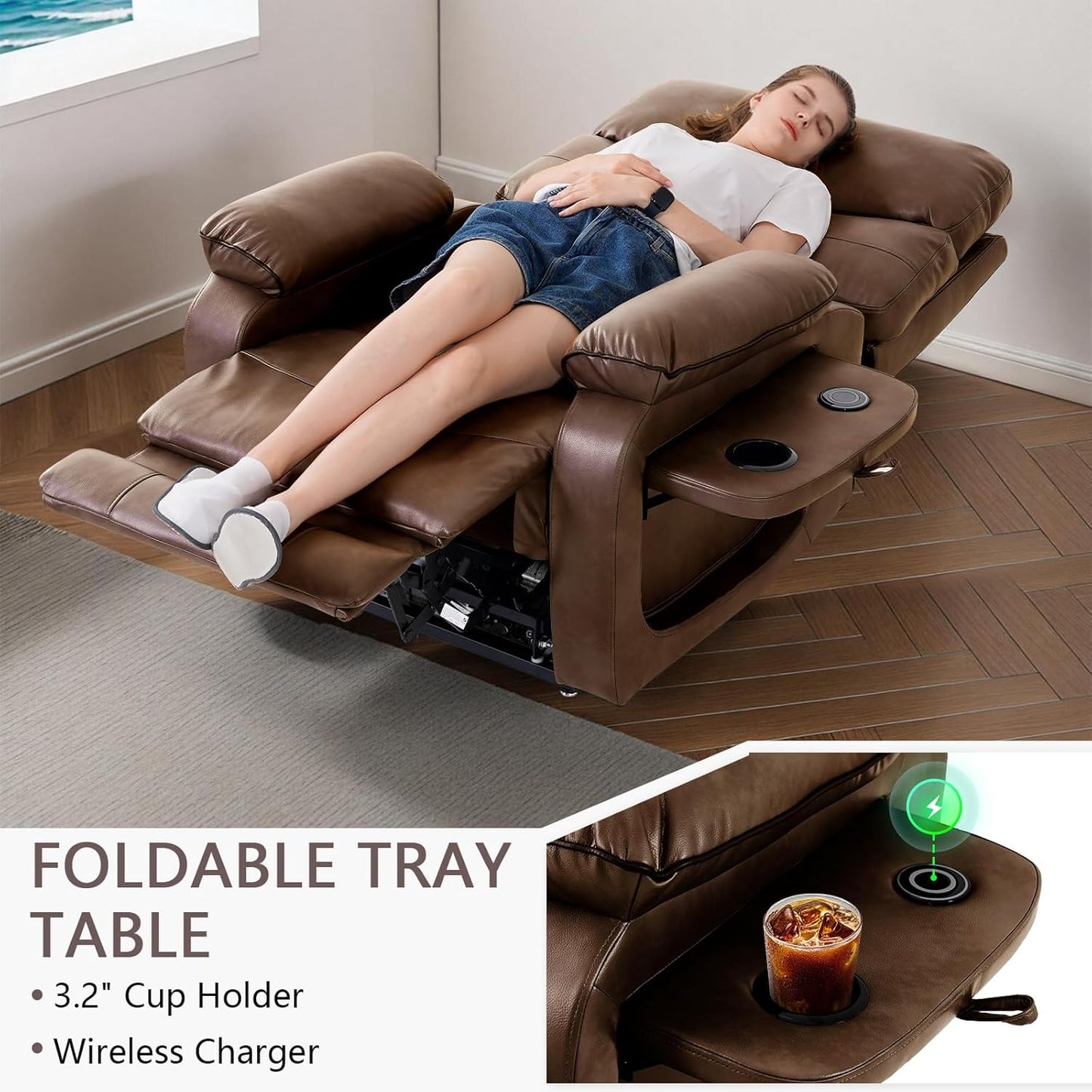 Dual Motor Power Lift Recliner Chair for Adult & Elderly, Infinite Position Lay Flat Lift Chair with Heat & Massage, Cup Holder, Lumbar Pillow, Wireless Charger, USB Ports, Leather (Ochre)