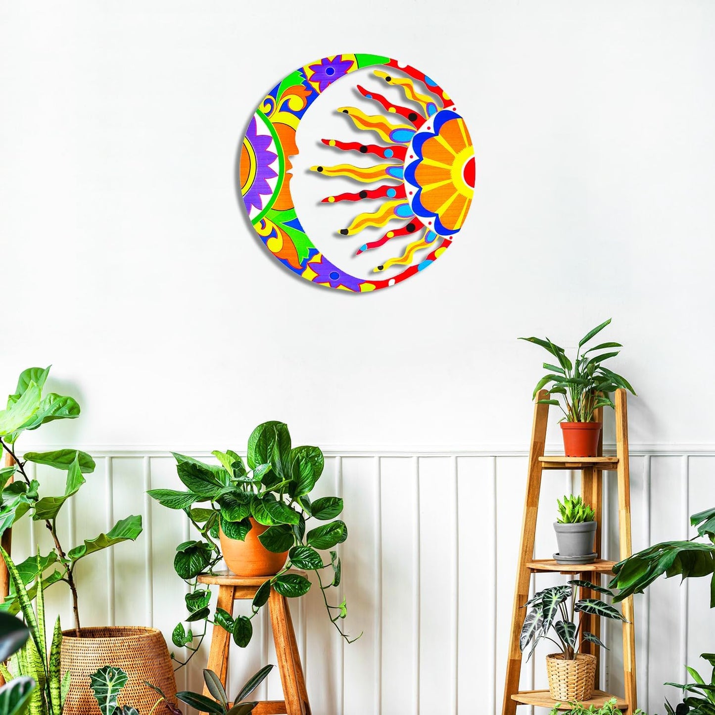 Akulgaci Metal Sun Wall Art Decor, Mexican Talavera Style Sunface Garden Outdoor Indoor Hanging Decorations for Yard Patio Fence Living Room Home Sun & Moon Art