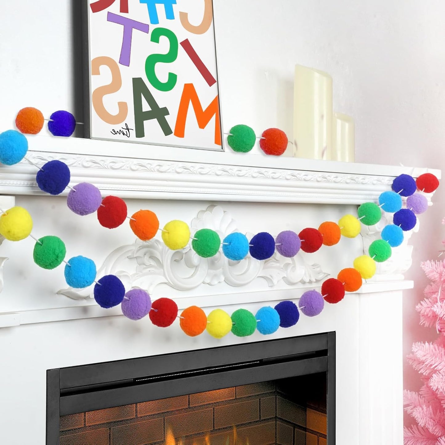 TBD Decor 2pk Rainbow Color Pom Pom Garland 13FT Colorful Large Felt Ball Garland for Mantle,Indoor Holiday Wedding Birthday Party Supplies