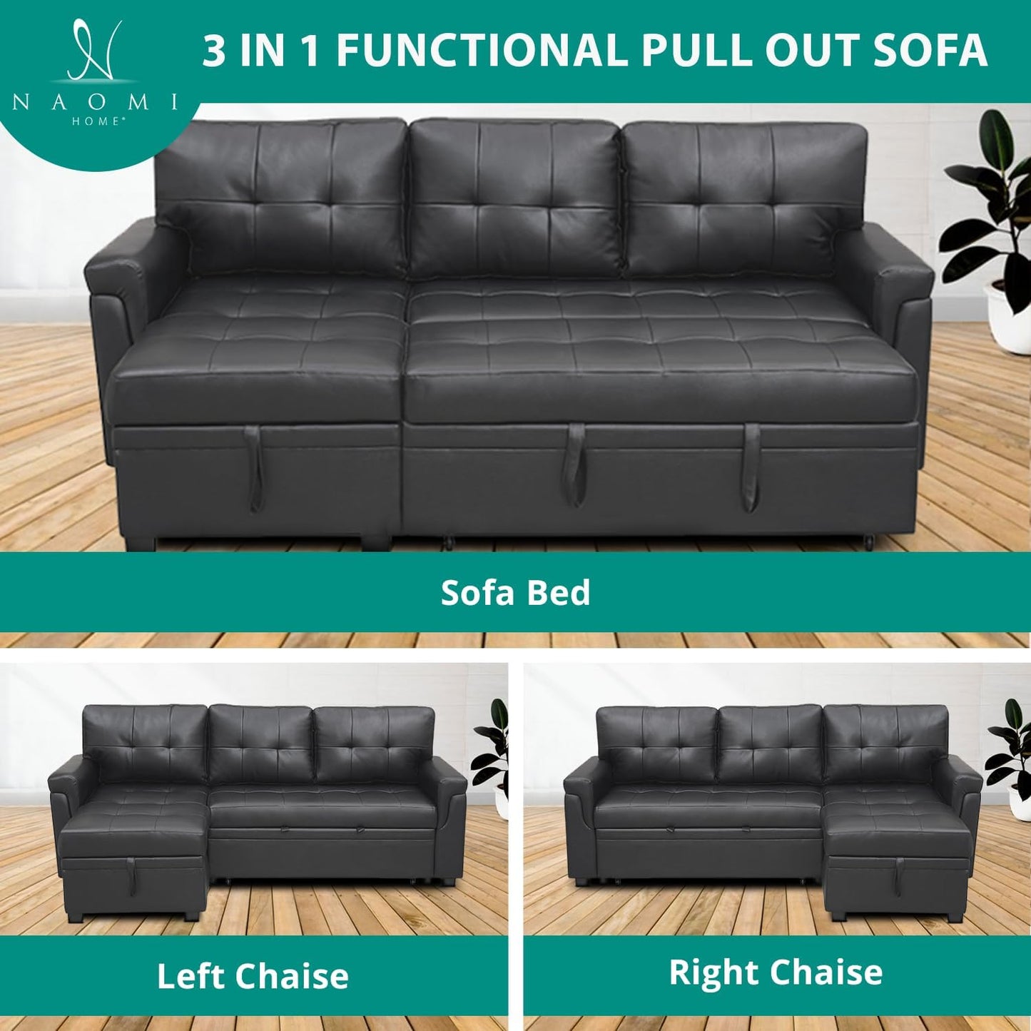 Naomi Home Jenny Sectional Sofa Sleeper with Storage Chaise, Tufted Pull Out Couch with Storage, L-Shaped Reversible Sleeper Sofa with Storage, Black,Air Leather