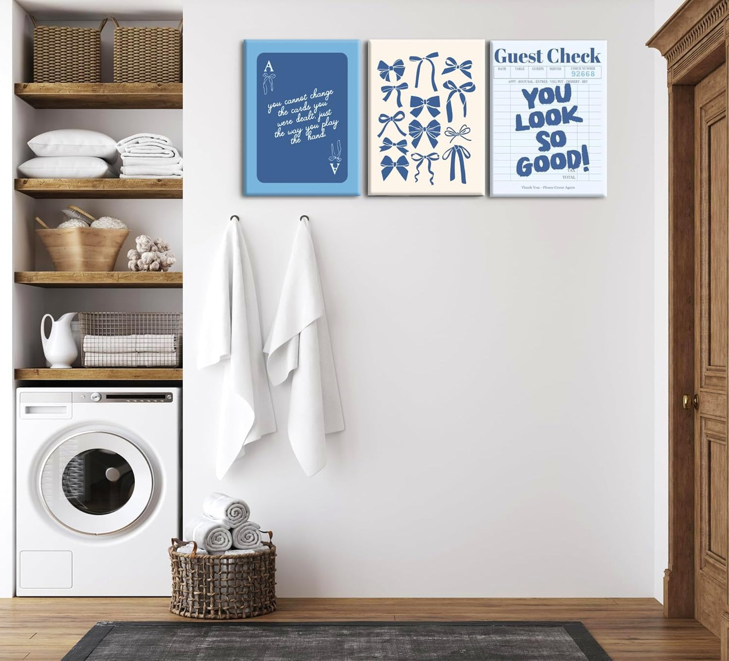 Blue Preppy Wall Art Framed Set of 3 Trendy Navy Bow Posters Retro Guest Check Canvas Prints Poker Painting Minimalist Positive Quote Picture Room Decor Aesthetic for Living Room Dorm Apartment12x16in