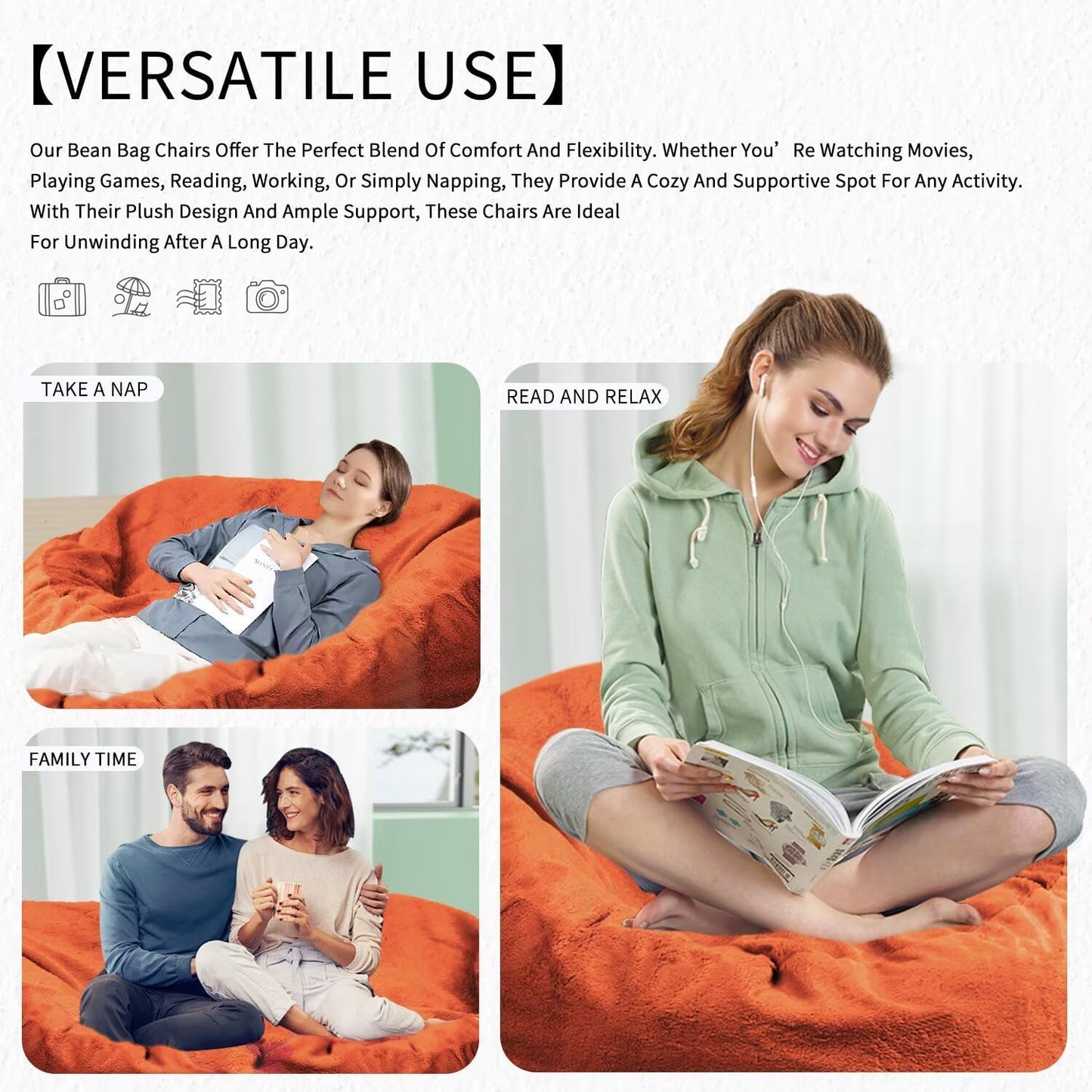 Bean Bag Chair for Adults 7FT,Soft Removable Cover for Teens/Girls Bedroom,Fluffy Giant Round Floor Beanbag Lounger Chairs (No Filler,Orange)