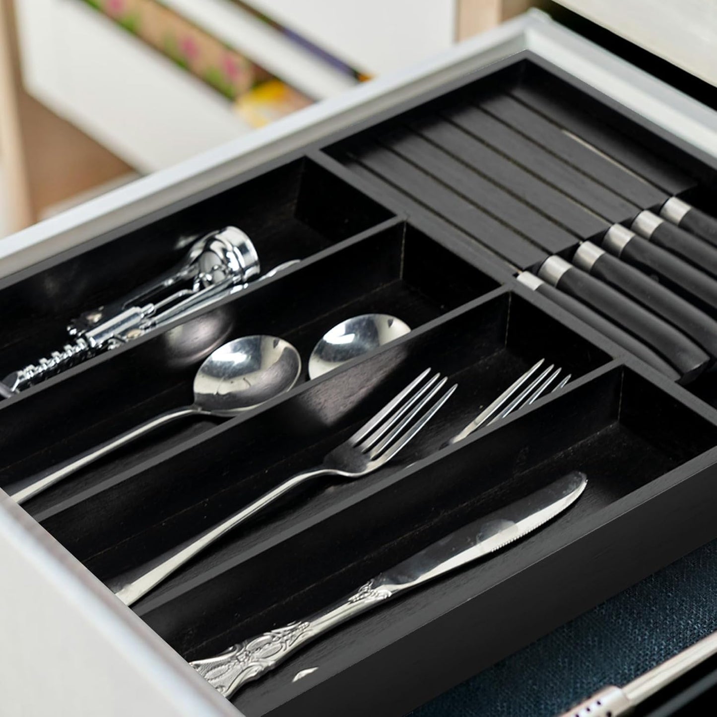VaeFae Bamboo Silverware Organizer, Utensil Holder for Drawer, Wooden Cutlery Tray with Divider for Kitchen Drawer, Utensil Organizer with Knife Block(Black)
