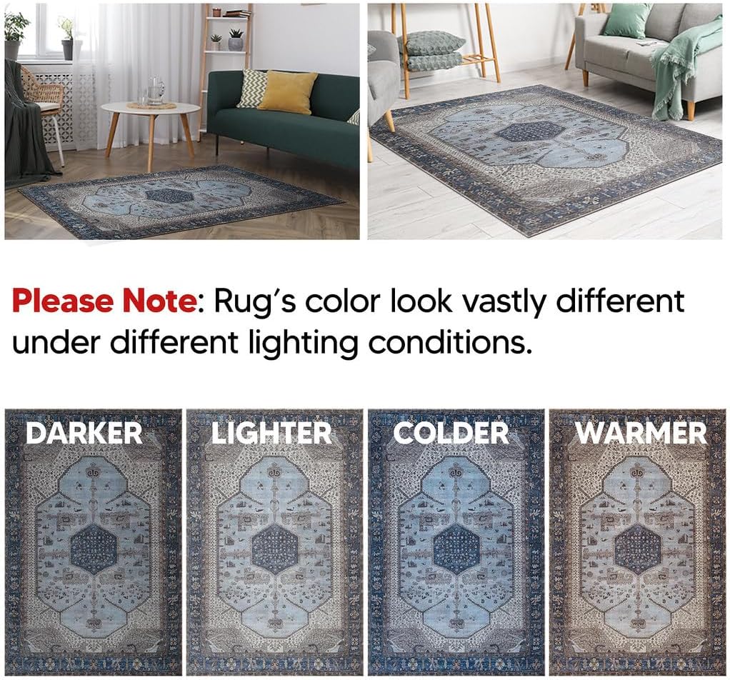 Keen Home Design 8x10 Rug - Machine Washable Area Rug with Non-Slip Backing, Ideal for Living Room, Dining Room, Bedroom - Vintage, Easy Clean, Durable, Low Pile Rug - (8' x 10')