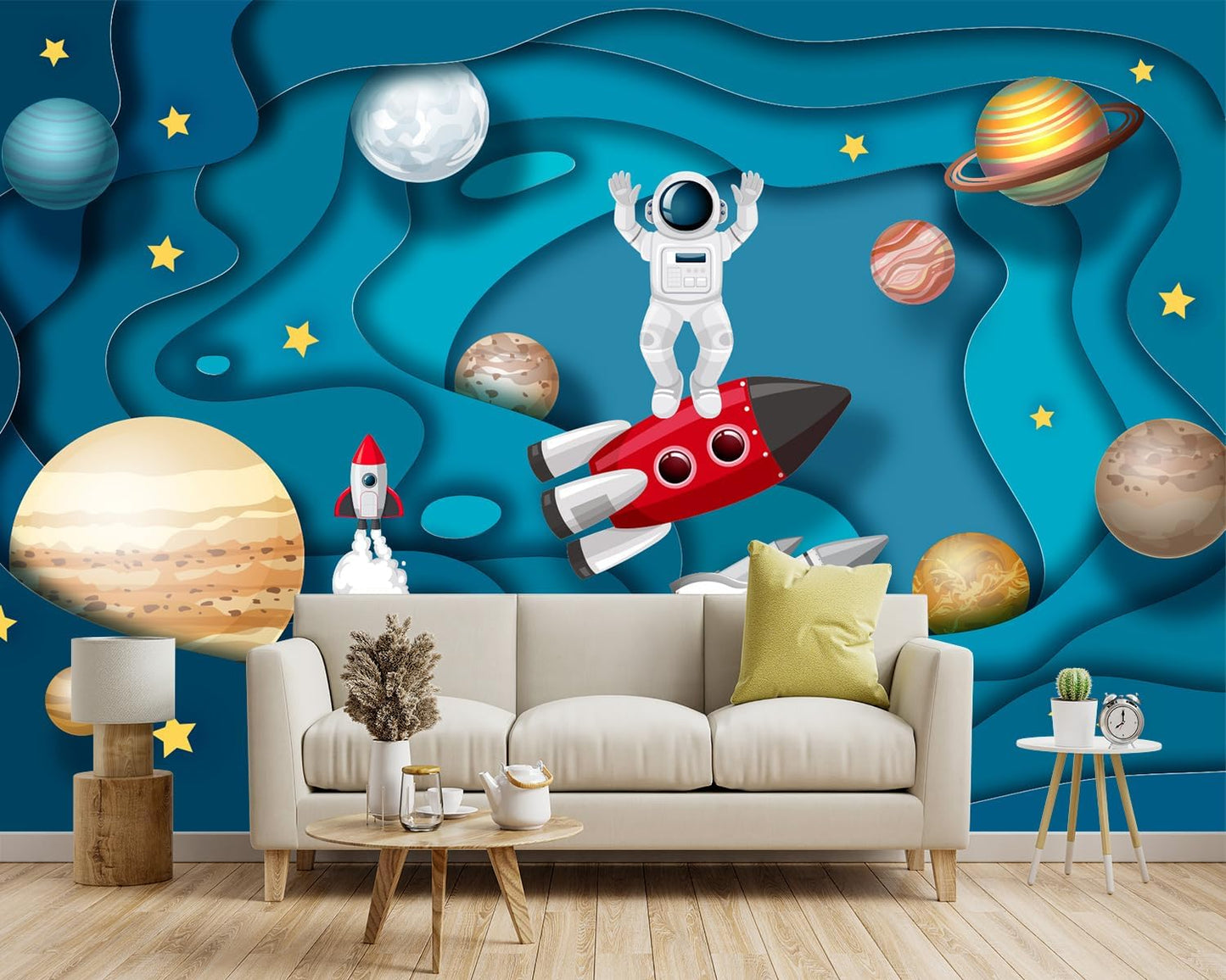 -Kindergarten Children Galactic Planet Fabric Wallpaper Living Room Bedroom Boys Girls Children Cartoon Astronauts Large Mural- 183"x120"( not Peel and Stick)