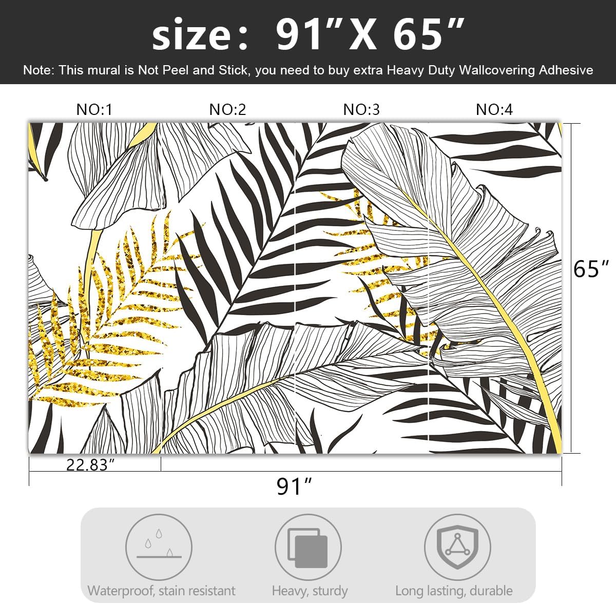 -Black and Gold Tropical Botanical Banana Leaf Fabric Wallpaper Living Room Bedroom Bathroom Abstract Plant Wall Mural- 91"x65"( not Peel and Stick)