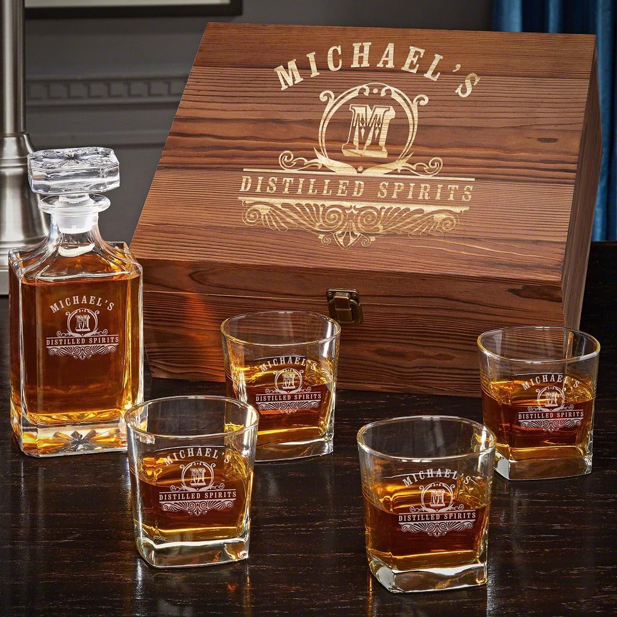 Personalized Whiskey Decanter Set with 4 Square Rocks Glasses - Gift Box Available