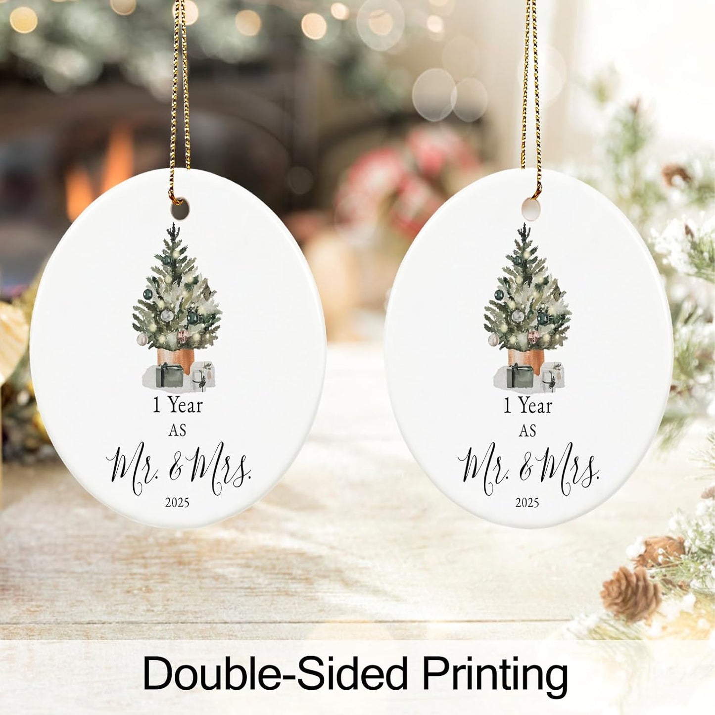 First Anniversary Ornament Gifts for Couple, Wedding Keepsake for 1 Year as Mr and Mrs, Ceramic Christmas Ornament With Ribbon and Box