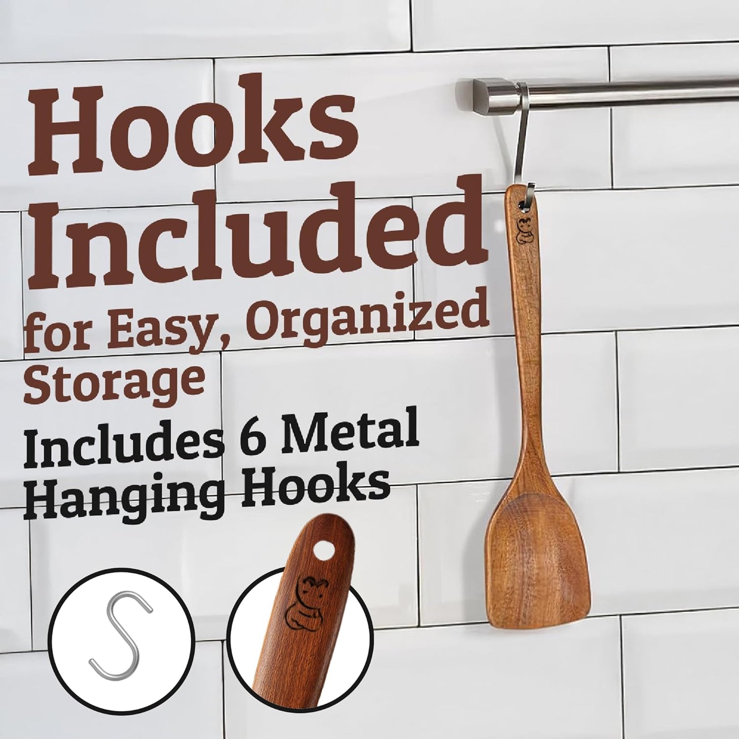 PriorityChef Premium Wooden Spoons for Cooking - 6pc Smooth Finish Teak Wooden Utensil Set with Hanging Hooks, Heat-Resistant & Nonstick Safe, Ideal for Gifting