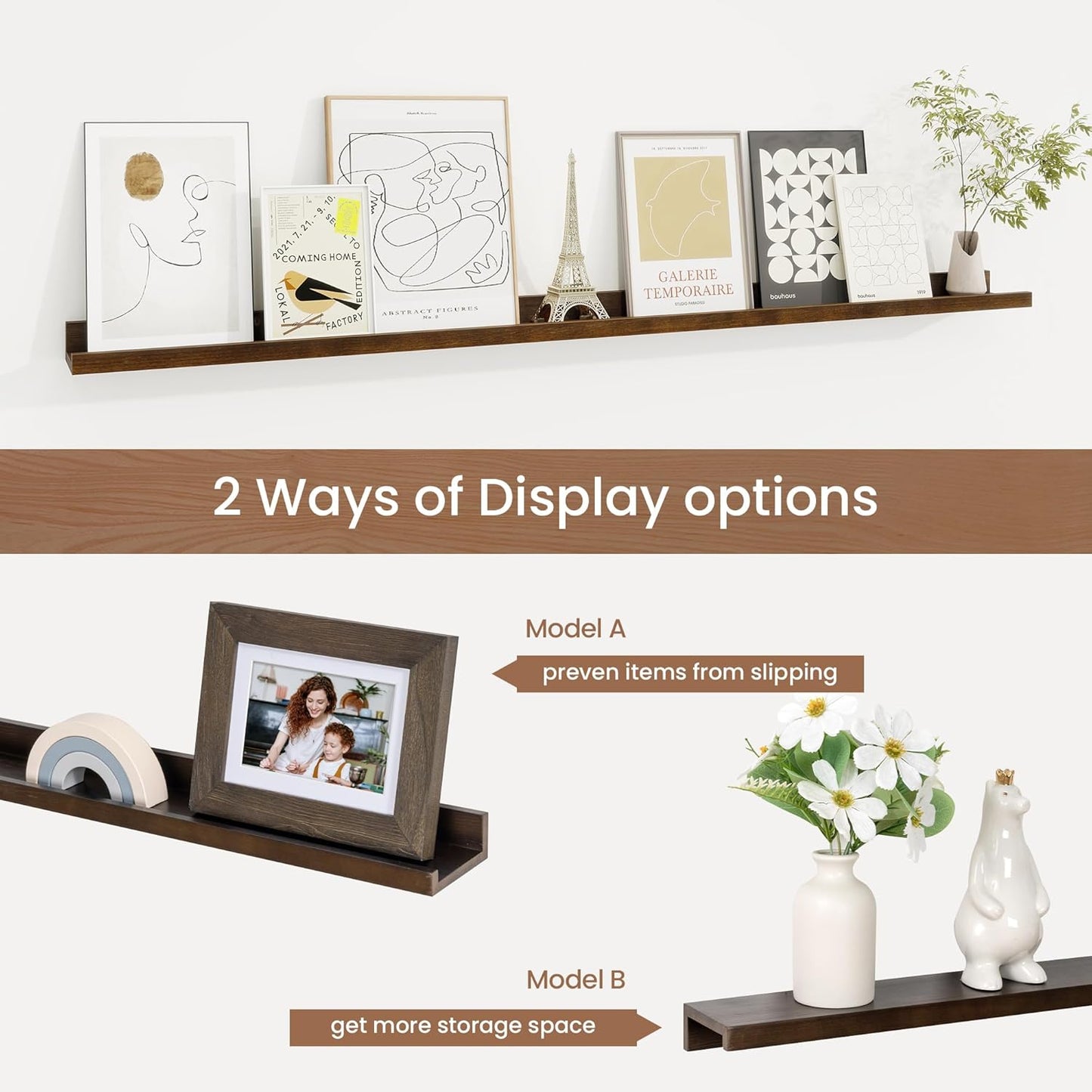 Picture Ledge Shelf, Solid Pine Wood Floating Shelves Set of 2, 48 Inches Nursery Book Shelves for Toys Storage, Kids Bookshelf Wall Mounted for Living Room Bedroom Decor Books Photo Frames, Walnut