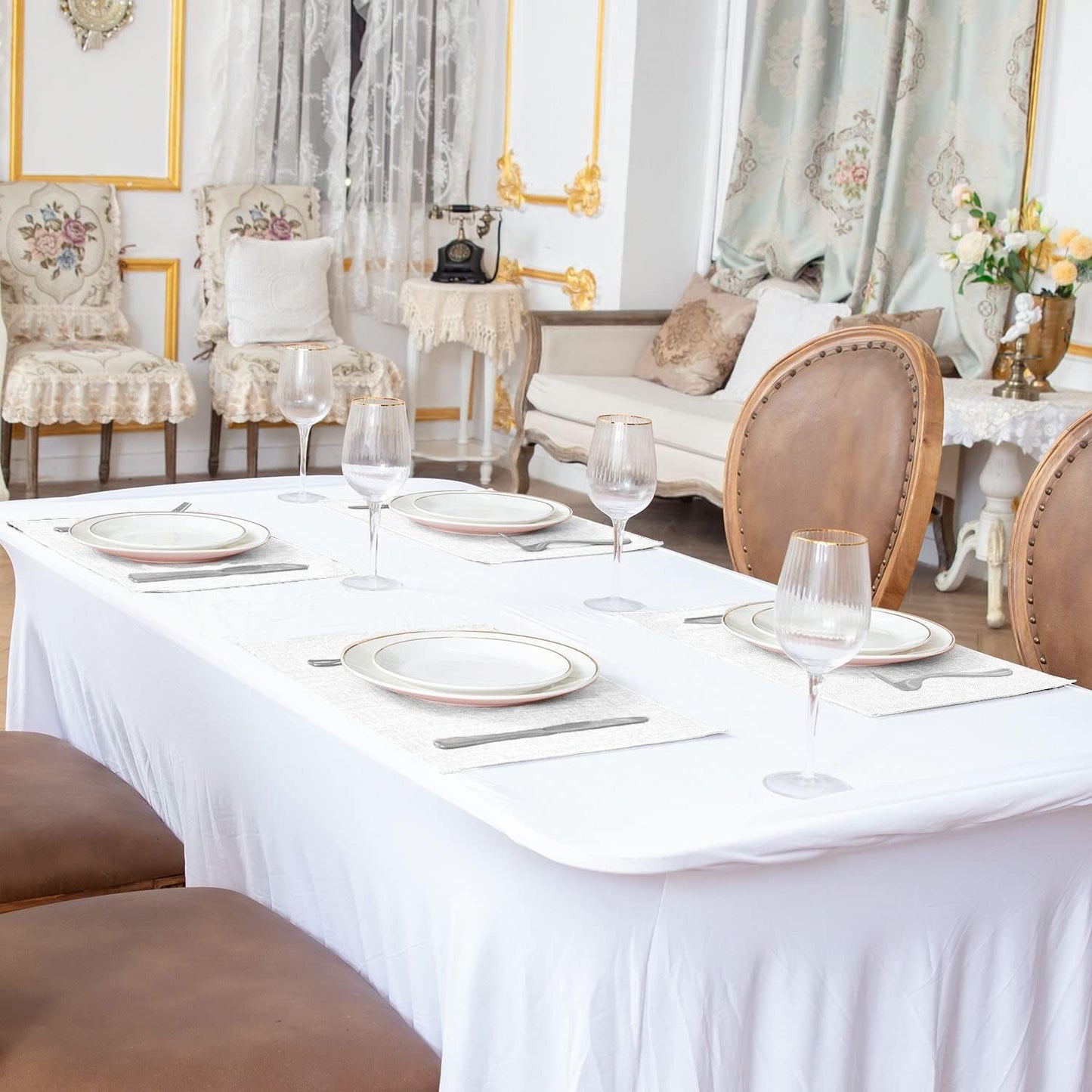 Cloth Placemats Set of 8, Linen Type Fabric Placemats Machine Washable Heat Resistant Placemats Wrinkle Free Thick Polyester Kitchen Place Mats for Dining Table (White)