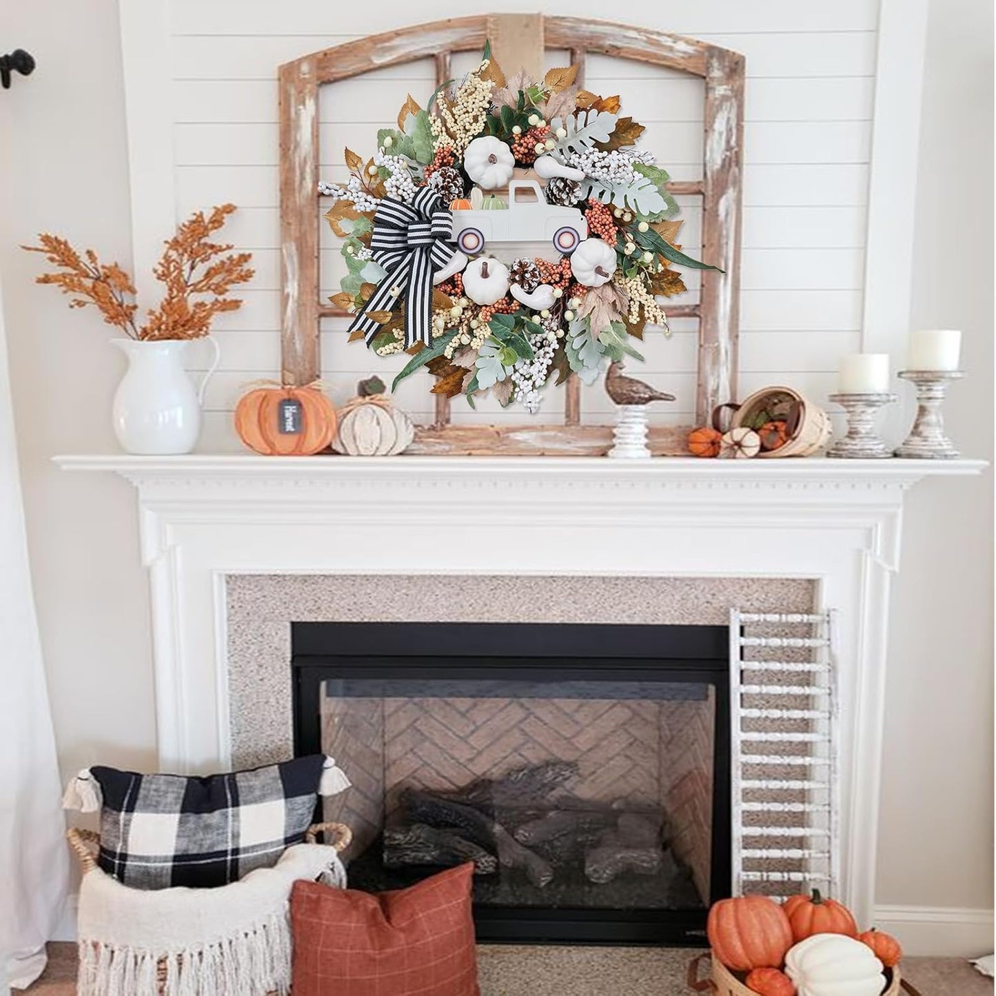 Fall Wreath for Front Door,20 inch White Pumpkin Door Wreath with Truck and Bow, Harvest Porch Decor, Fall Decoration Indoor Outdoor,