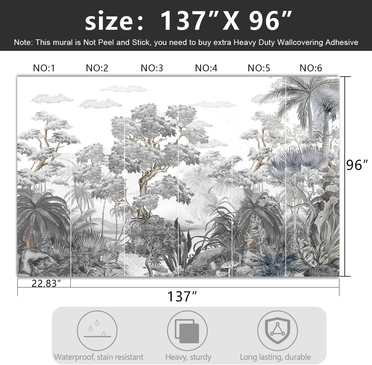 -Tropical Rainforest Botanical Grey Jungle Forest Fabric Wallpaper Living Room Palm Leaf Plant Bedroom Bathroom Large Wall Mural- 137"x96"( not Peel and Stick)