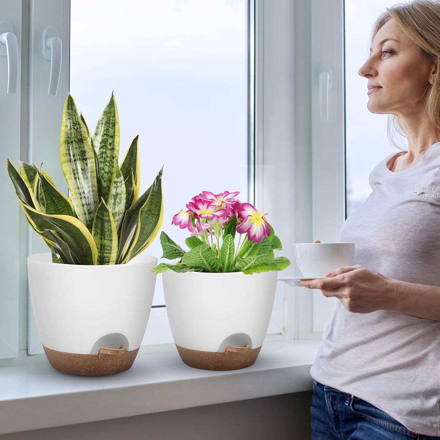 Plant Pots 10/9/8 Inch Self Watering Pots, Set of 3 Plastic Planters with Drainage Holes and Saucers,Plastic Flower Pots,Nursery Planting Pot for Indoor Out Door Plants(White)