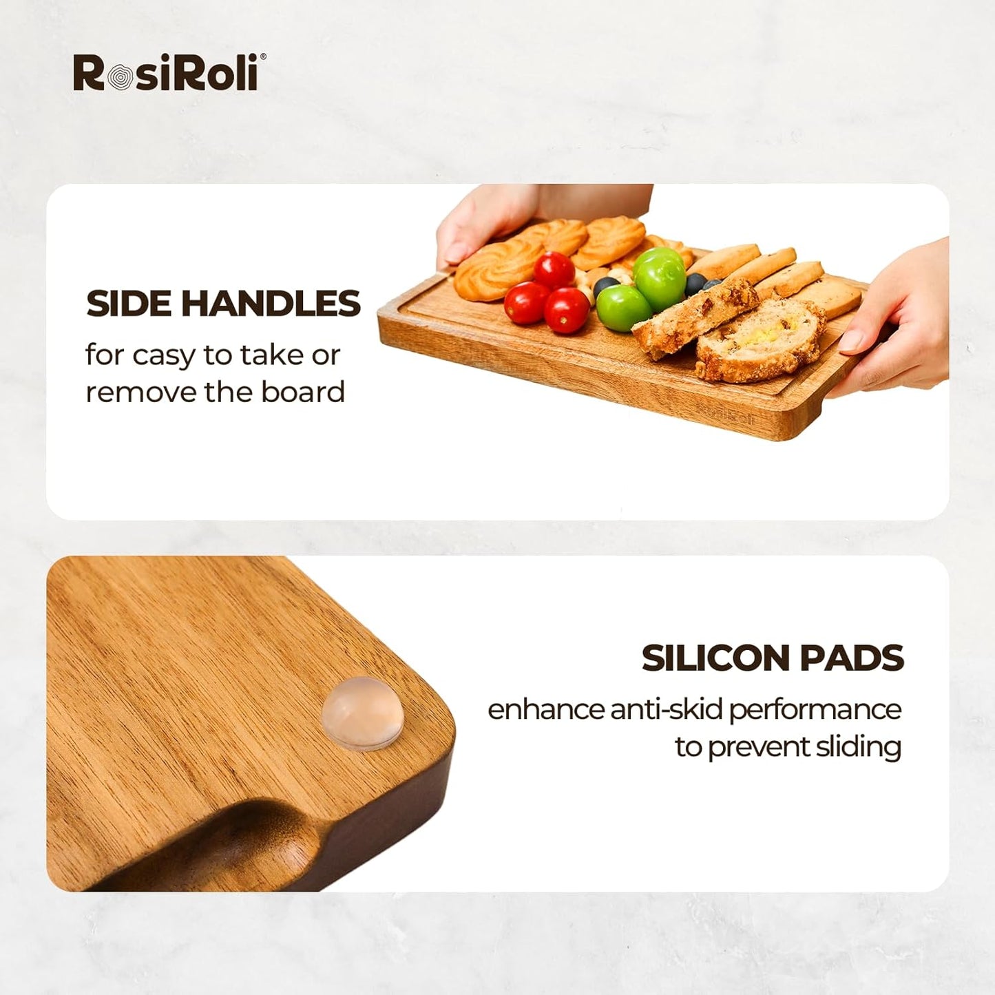 Acacia Wood Cutting Board for Kitchen - 0.8 inch Thick Wood Charcuterie Cheese Board with Side Handles and Juice Grooves, Wooden Chopping Block for Meat and Veggies, 11.5x7 inch