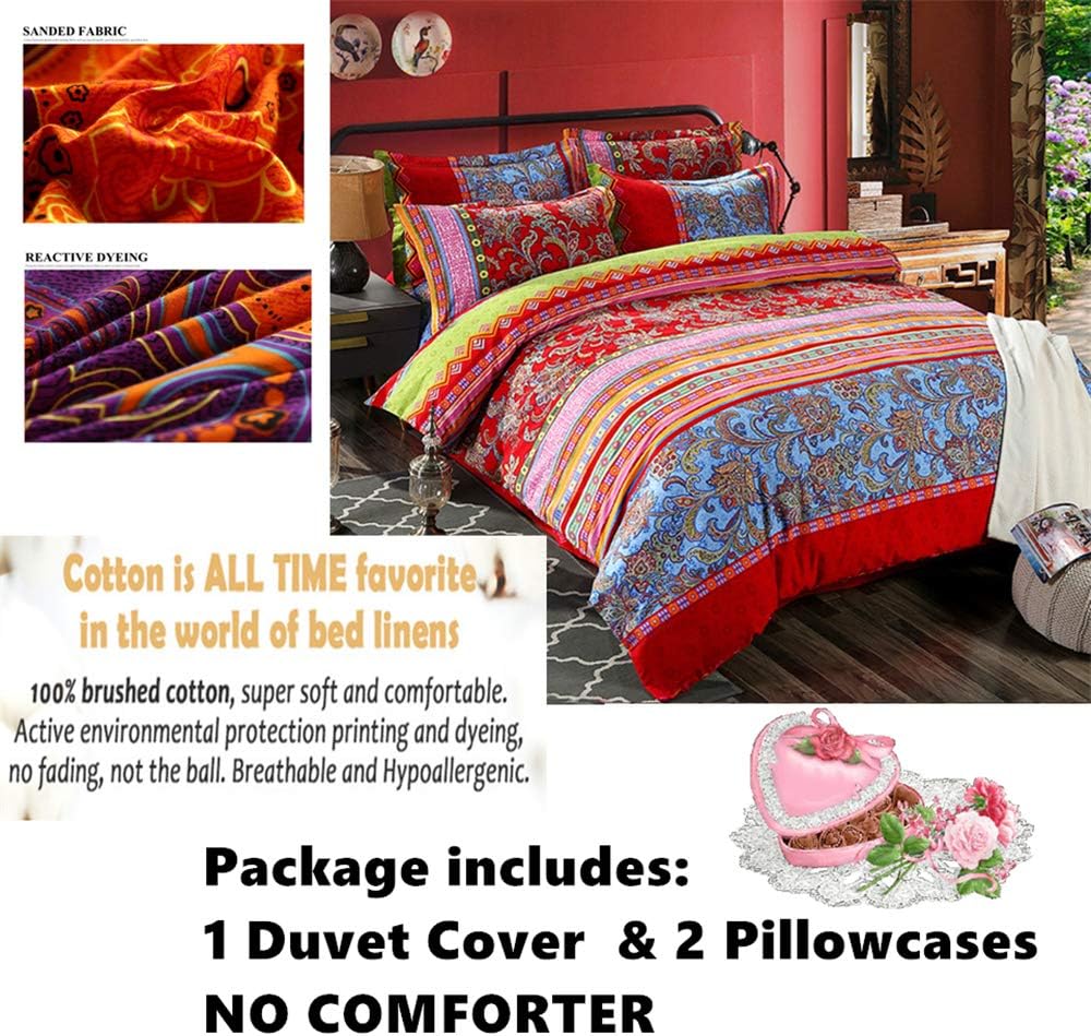 ABREEZE Bohemian Duvet Cover Set Colorful Red Boho Retro Bedding Set Damask Paisley Cotton Duvet Cover Tribal Reversible Bedding Exotic Style Comforter Cover 3-Piece Twin