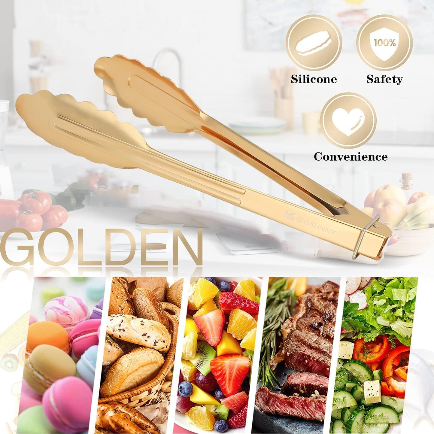 MSY BIGSUNNY 9 Inch Kitchen Food Tongs for Cooking and Serving- Aluminum - Set of 3 (gold-plated)