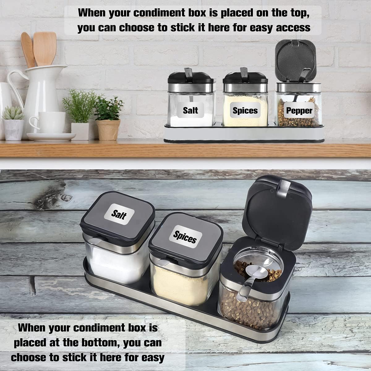 XIUDI Condiment Seal Jar Spice Container with Lids and Spoons,Clear Glass Condiment Canisters Pots Seasoning Box Salt Container Sugar Bowl Set of .Used in Kitchen, Coffee Table,Set of 3