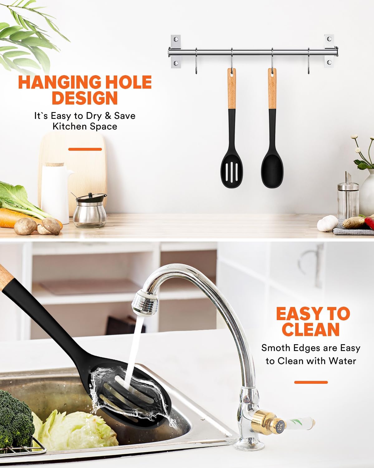 Silicone Cooking Spoons, Great for Scooping Sides and Serving Hearty Stews, BPA-Free Matte Silicone, Wooden Handle Serving Spoon for Nonstick Cooking Surfaces (Black)