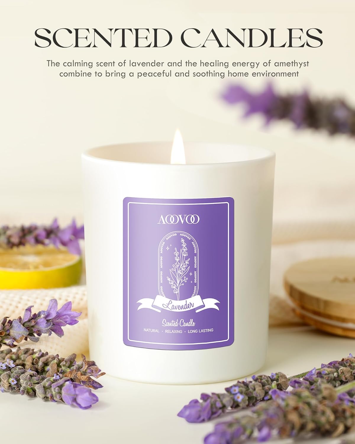 AOOVOO Lavender Scented Candles for Women - Aromatherapy Candle with Crystals Inside, 10oz Soy Candles for Home Scented, Birthday Gifts Mothers Day Candle for Women Mom