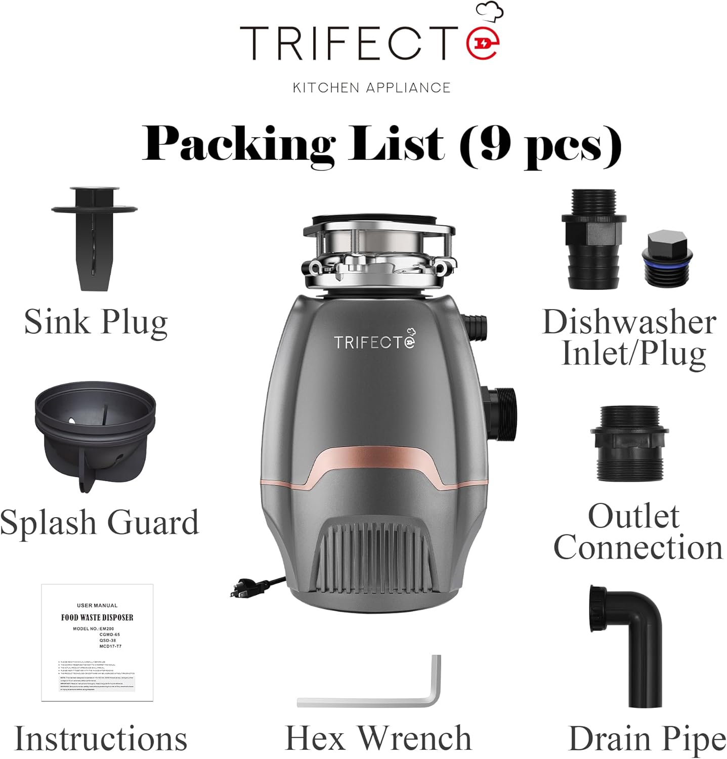 Trifecte Pro 3/4 HP Garbage Disposals with Sound Reduction,Food Waste Coutinuous Feed Garbage Disposal with Power Cord, Dishwasher Hook Up