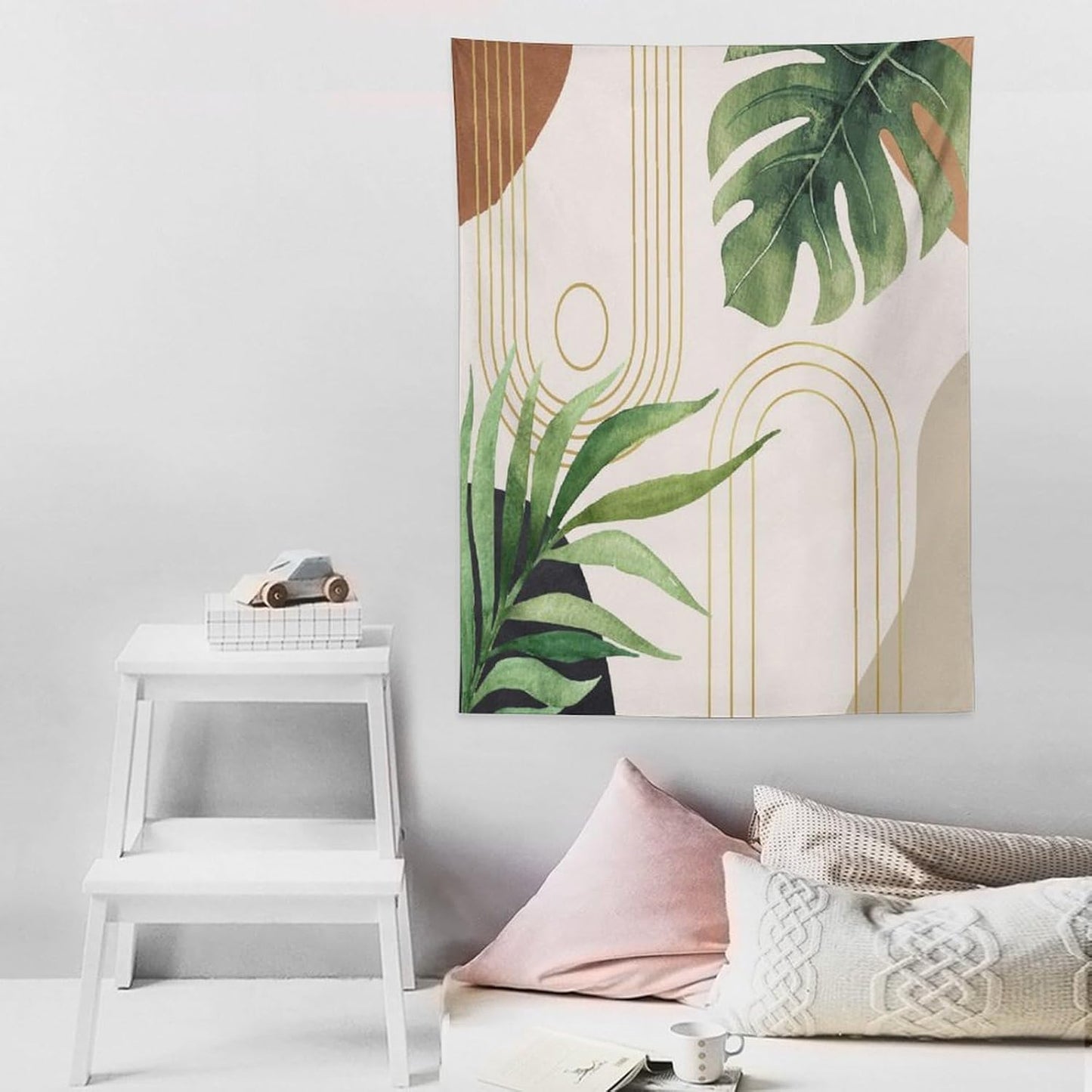 Abstract Boho Tapestry, Mid Century Tropical Tree Leaves Modern Geometric Arch Bohemian Botanical Tapestry, Home Aesthetic Wall Hanging Art Decor for Living Room Bedroom Dormitory 40x60 Inch