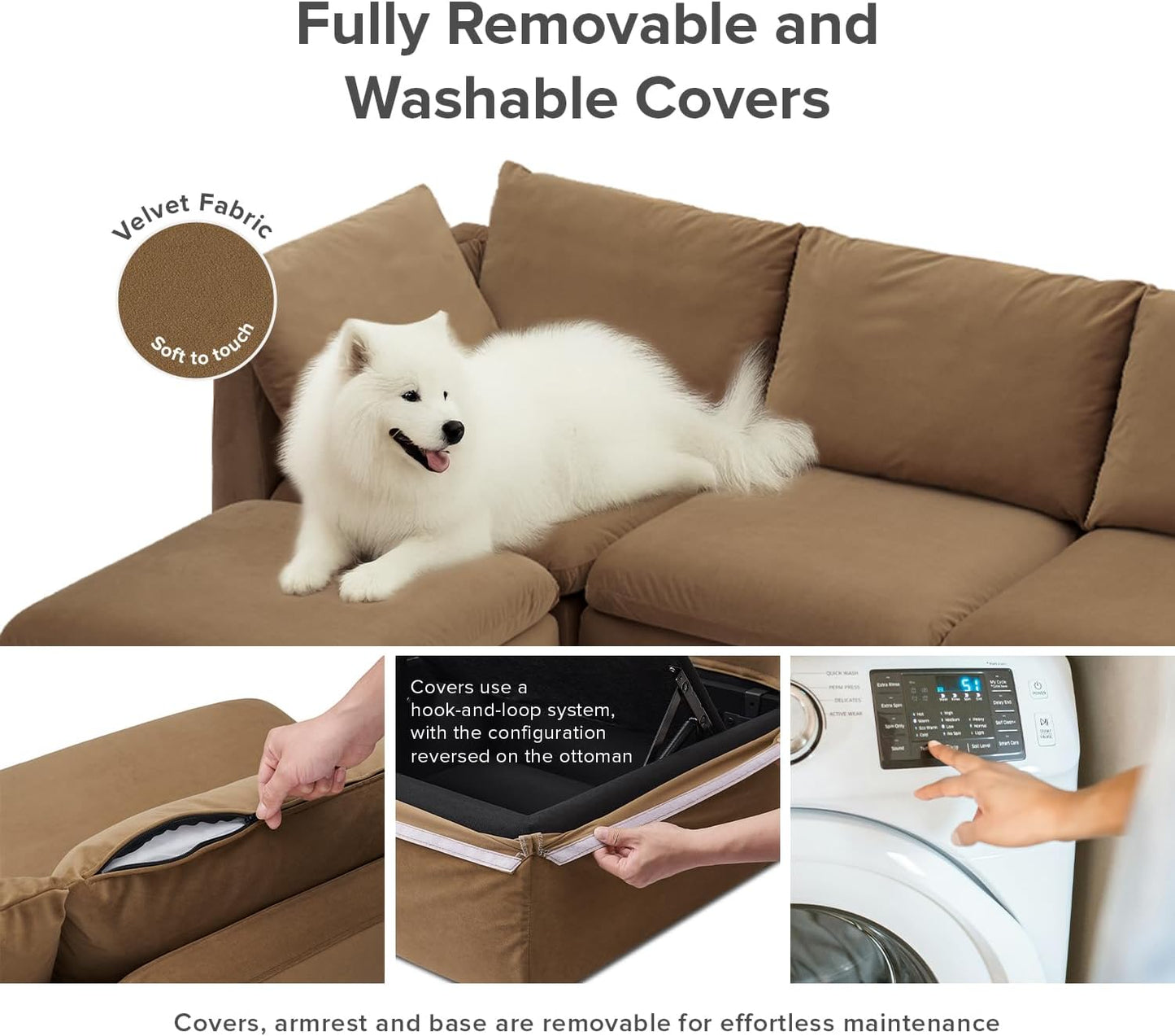 mopio Oversized Modular Sectional Sofa with Fully Removable Covers and Storage, Convertible U, L-Shaped and Sleeper Sectional, Modern Couches with Ottoman Chaise (Hazelnut Velvet, 4 Seats, L)