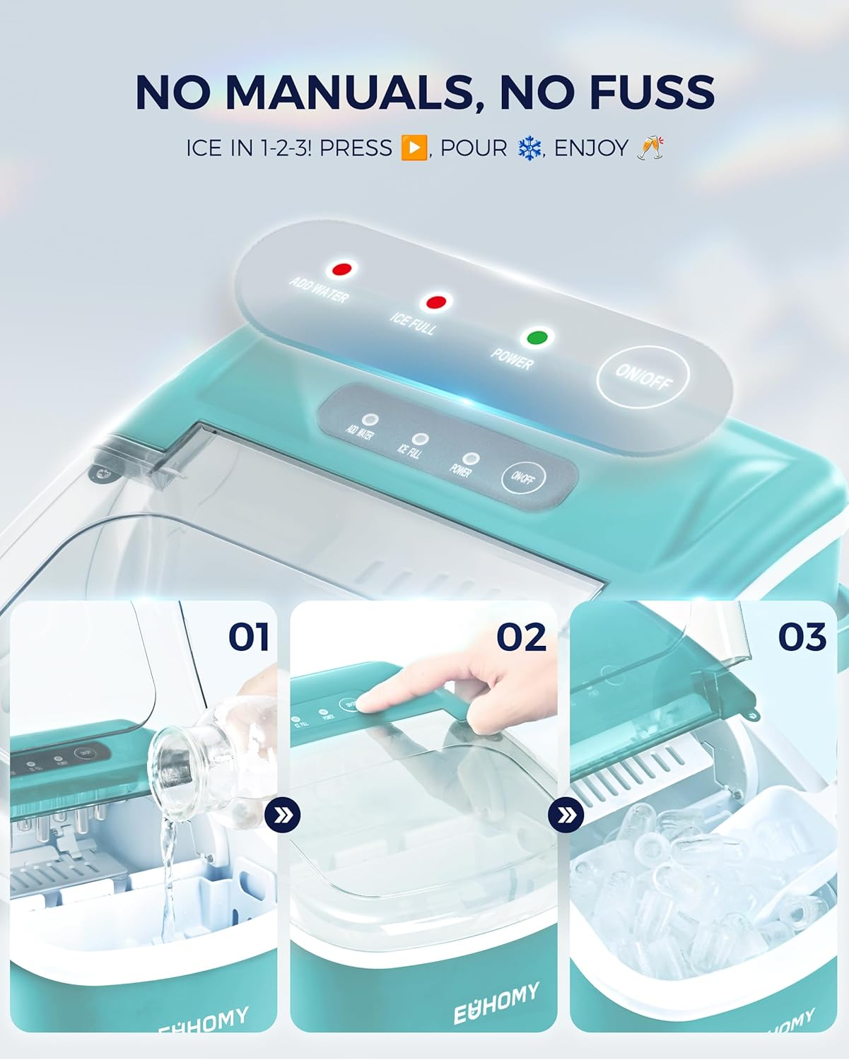 EUHOMY Countertop Ice Maker Machine with Handle, 26lbs Per Day, 9 Ice Cubes Ready in 6 Mins, Auto-Cleaning Portable Ice Maker with Basket and Scoop, for Home/Kitchen/Camping/RV (Green)