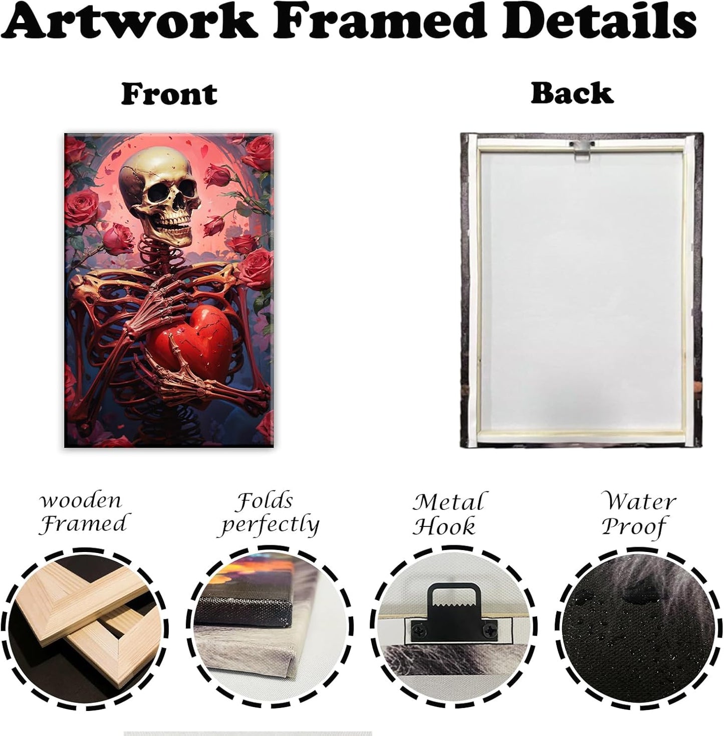 OAAPITI Skull Skeleton Canvas Wall Art Skull Holding Heart Picture Print Romantic Theme Painting Artwork Gothic Poster Wall Decor Living Room Halloween Decor(Artwork-1,16"x24")