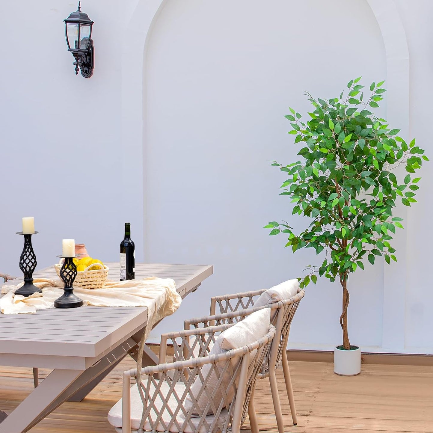 5FT Artificial Ficus Tree with White Planter, Realistic Faux Silk Indoor Outdoor Plant for Home Office Living Room, Porch, Garden Decor