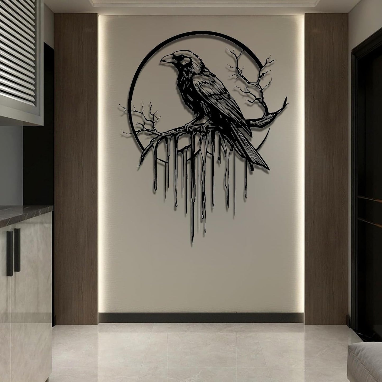 Crow Metal Wall Decor, Raven Wall Art, Large Gothic Raven Decor Hangings, Bird Wall Decor, Metal Tree Branch Decor, Ravens Sign, Raven Art for Living Room (Black, 19"x15" | 47x38cm, metal wall art)