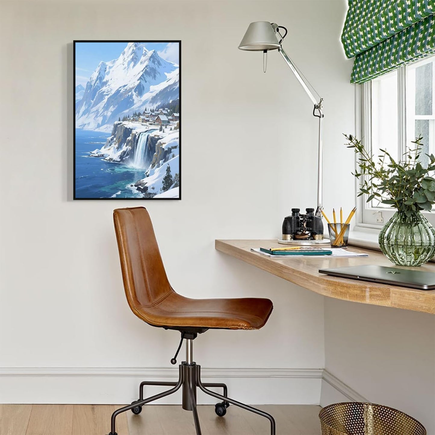 Winter lakeside town and snowy scenery merge together to form a landscape poster wall art suitable for living room bedroom and office