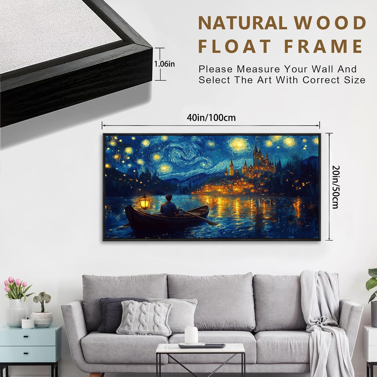 Wall Art Canvas Print Starry Night Over the Rhone by Van Gogh 20 x 40 inches Framed Home Artwork Decor Canvas Art Painting Living Room for Bedroom Office Wall Decor
