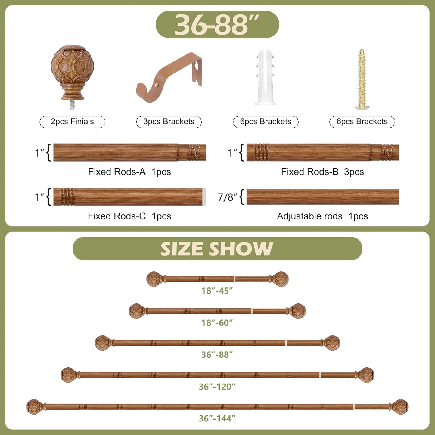 Wood Boho Curtain Rods for Windows:36-88Inch Wooden Farmhouse Curtain Rod for Bedroom Living Room,Heavy Duty Adjustable Rustic Decorative Drapery Rods with Vintage Imitation Wood Finial,Brown