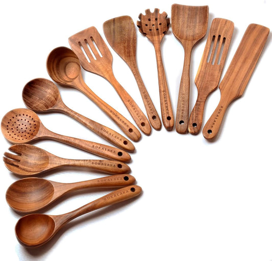 12 Pack Wooden Spoons for Cooking - Natural Teak Kitchen Utensils Set with Spatulas