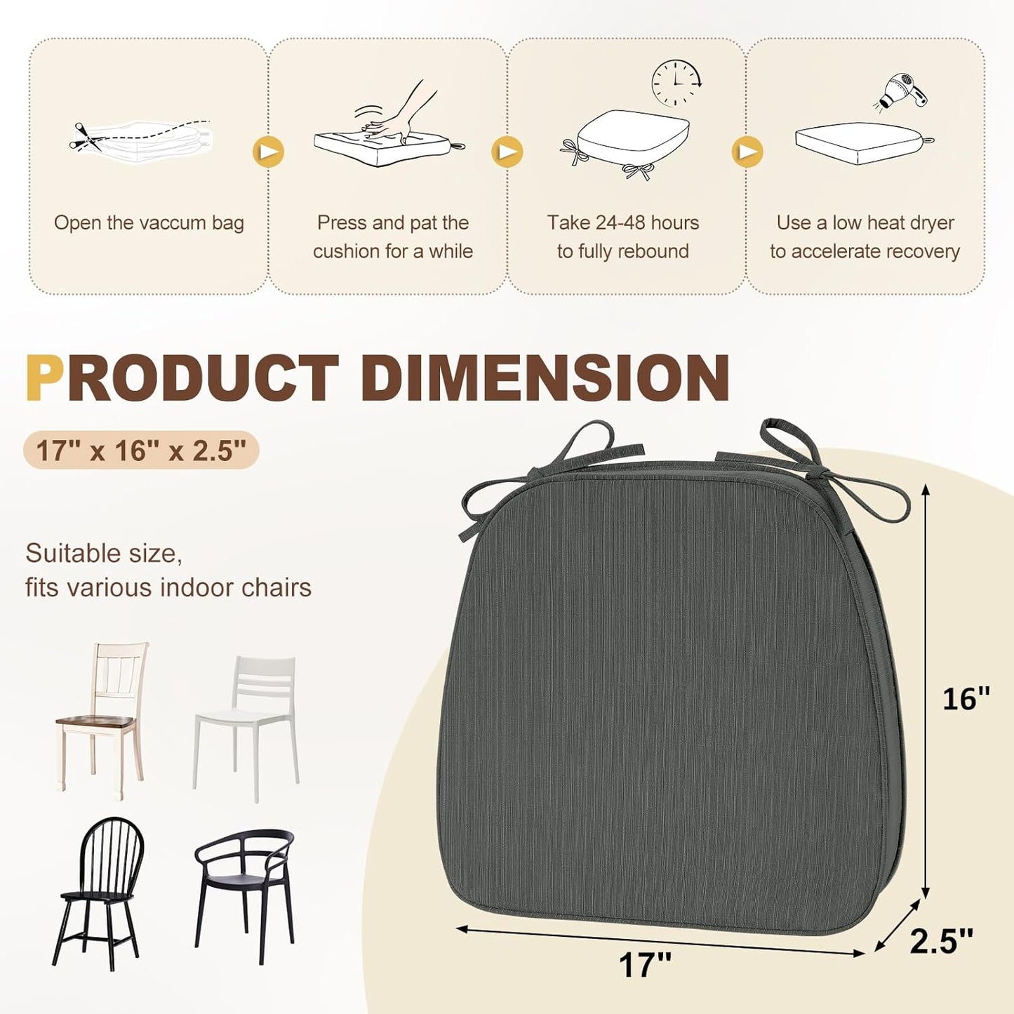 downluxe Chair Cushions for Dining Chairs, Waterproof Kitchen Chair Pads, Non-Slip Dining Seat Cushion with Ties, 17" x 16" x 2.5", Dark Grey, 6 Pack