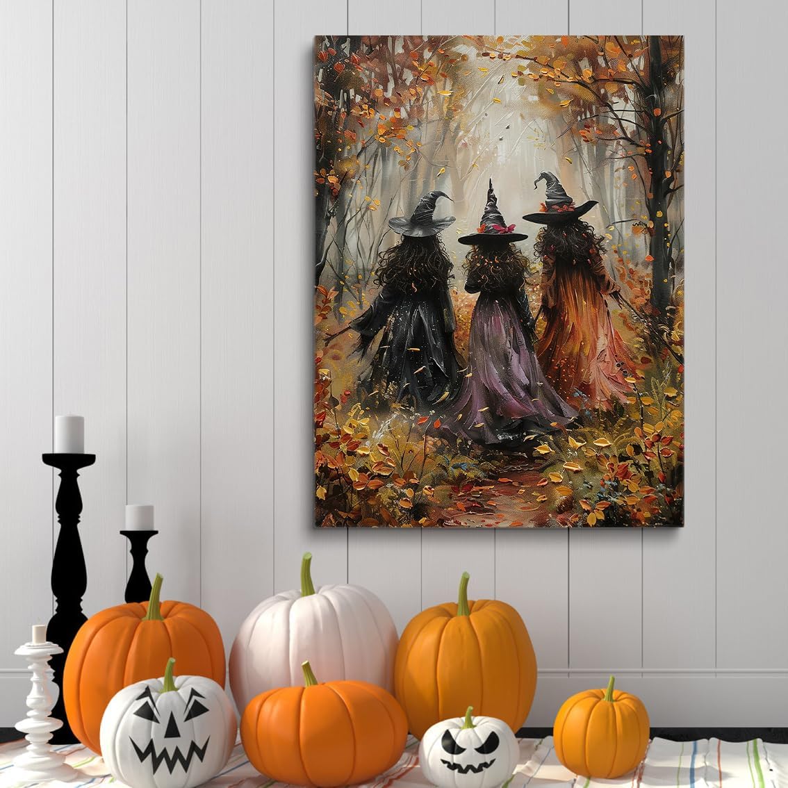 Vintage Three Witches In The Forest Painting Witch Print Witchy Canvas Print Halloween Wall Art Halloween Decor Witch Poster Dark Academia Gothic Room Decor for Bedroom 24x36in Large Frame Wall Art