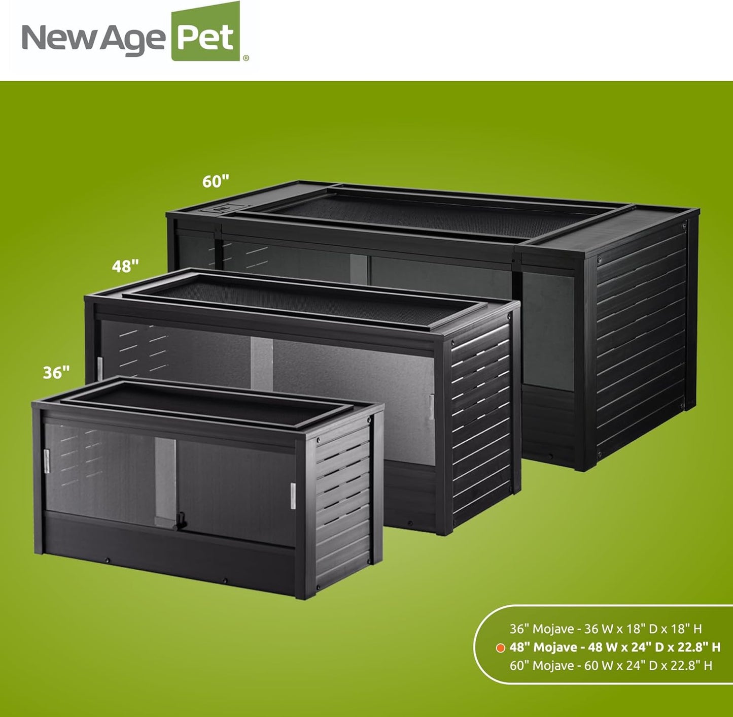 New Age Pet ECOFLEX 48 in Mojave Reptile Lounge in Espresso Black, Durable Wood Plastic Composite Habitat with Vented Side Panels, Removable Sliding Glass Doors, and Mesh Screen Top for Lamp Setup,