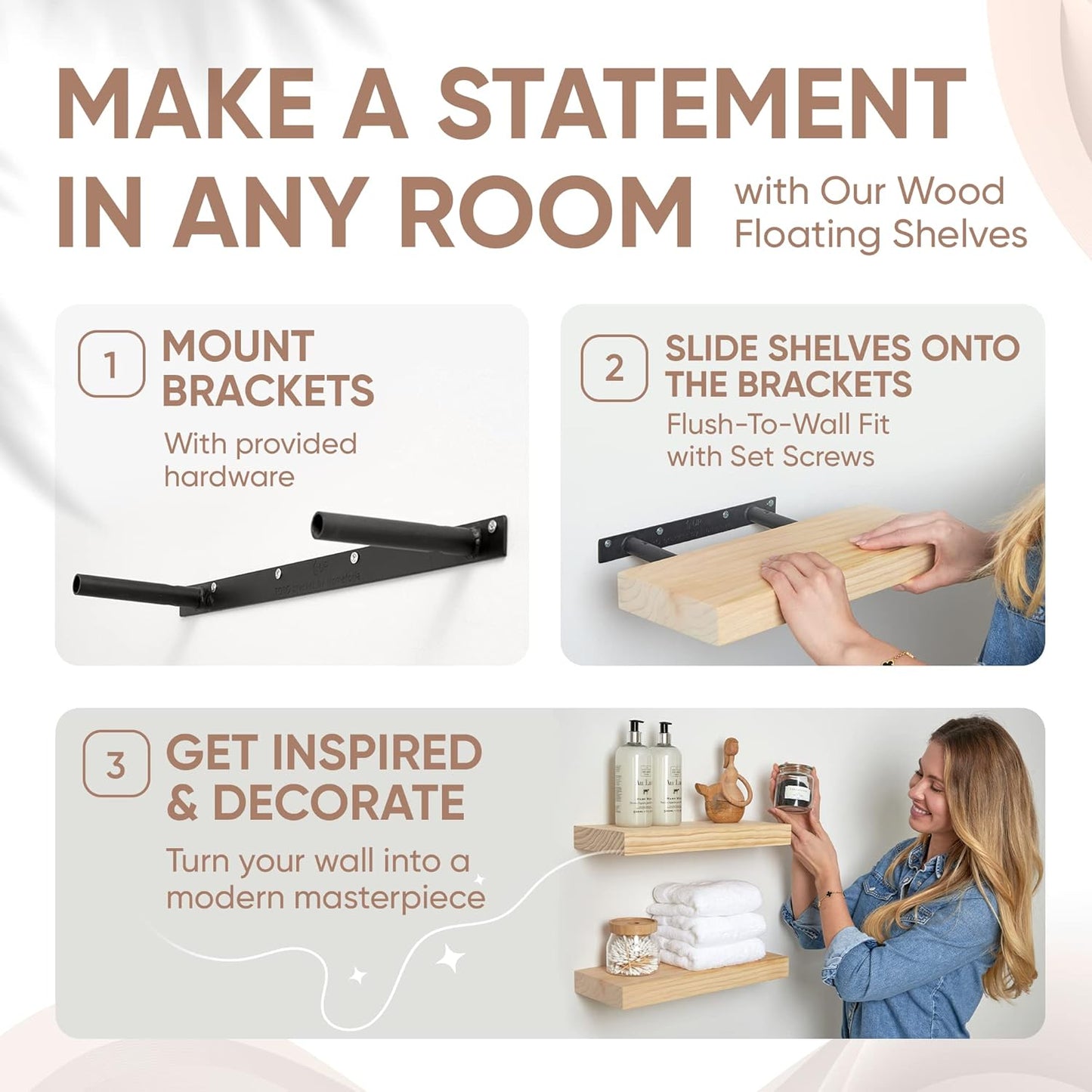 Homeforia 18 inch Natural Floating Shelf, High End Solid Real Wood 18inch Small Floating Shelves for Wall Mounted, Natural Wooden Floating Shelves, Heavy Duty Bracket, 18 X 6.5 X 1.75 in, Set of 2